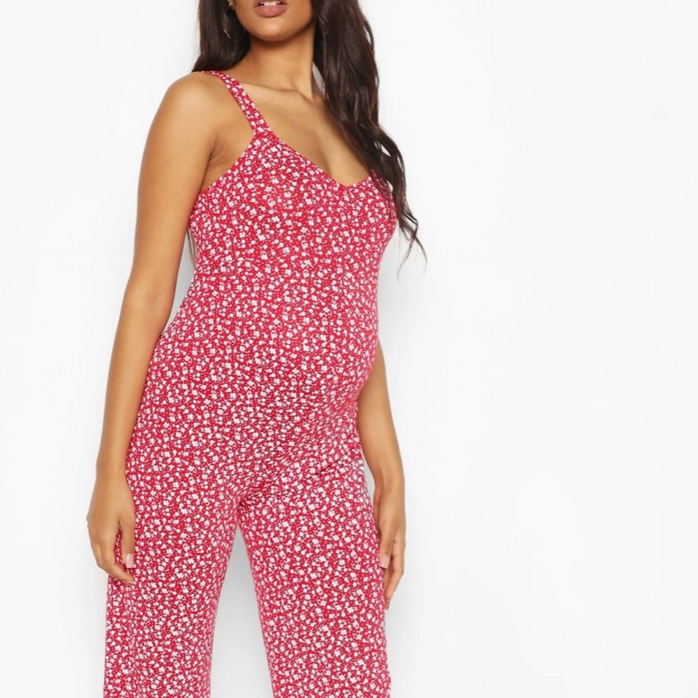 Maternity red floral jumpsuit
